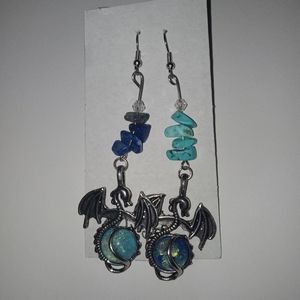 Handmade blue dragon earrings with gemstones